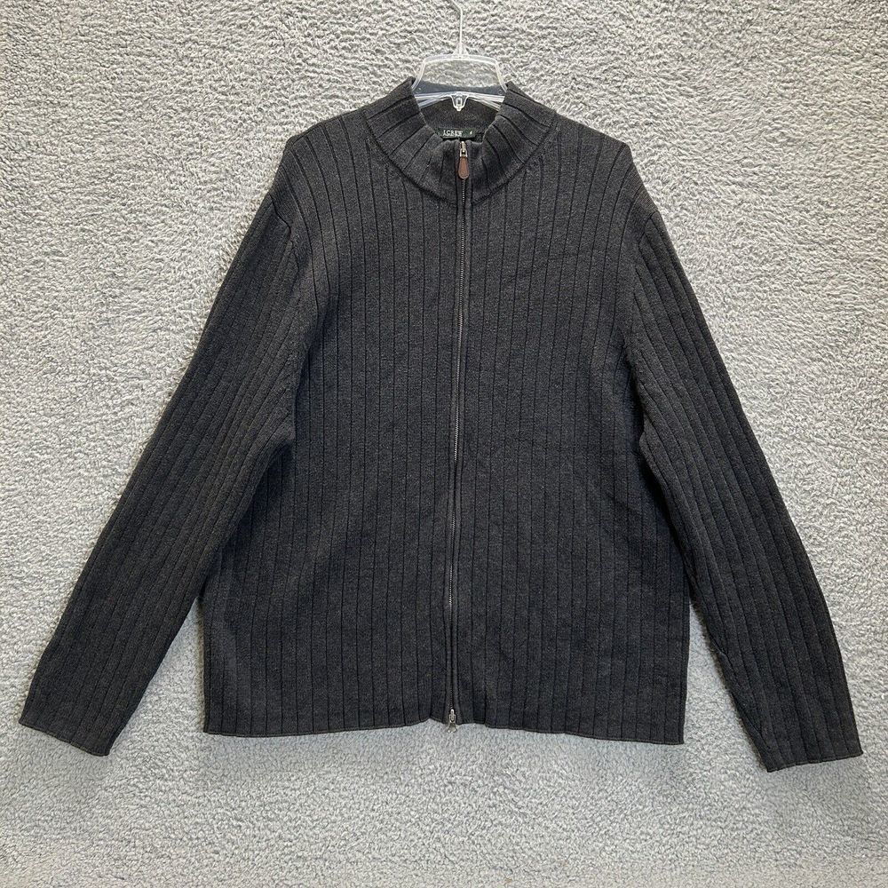 J Crew Sweater Mens XL Gray Full Zip Mock‎ Neck Heavyweight Ribbed Knit Casual
